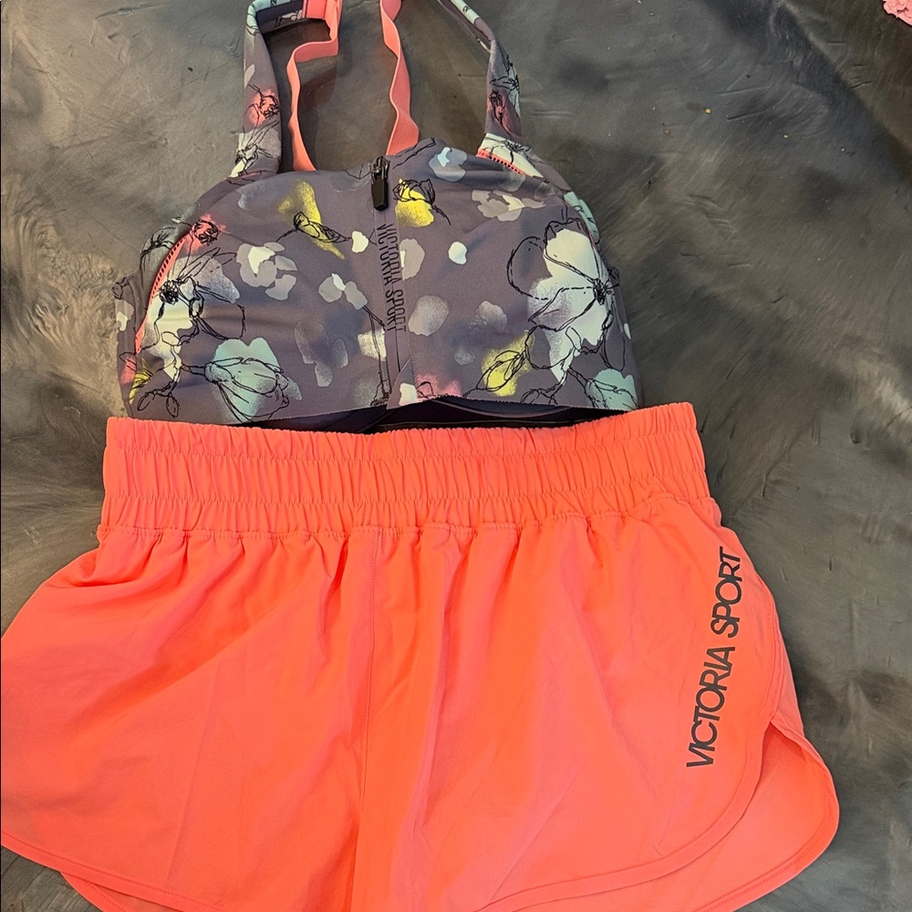 Victoria's Secret Floral Sports Bra and Neon Shorts Set